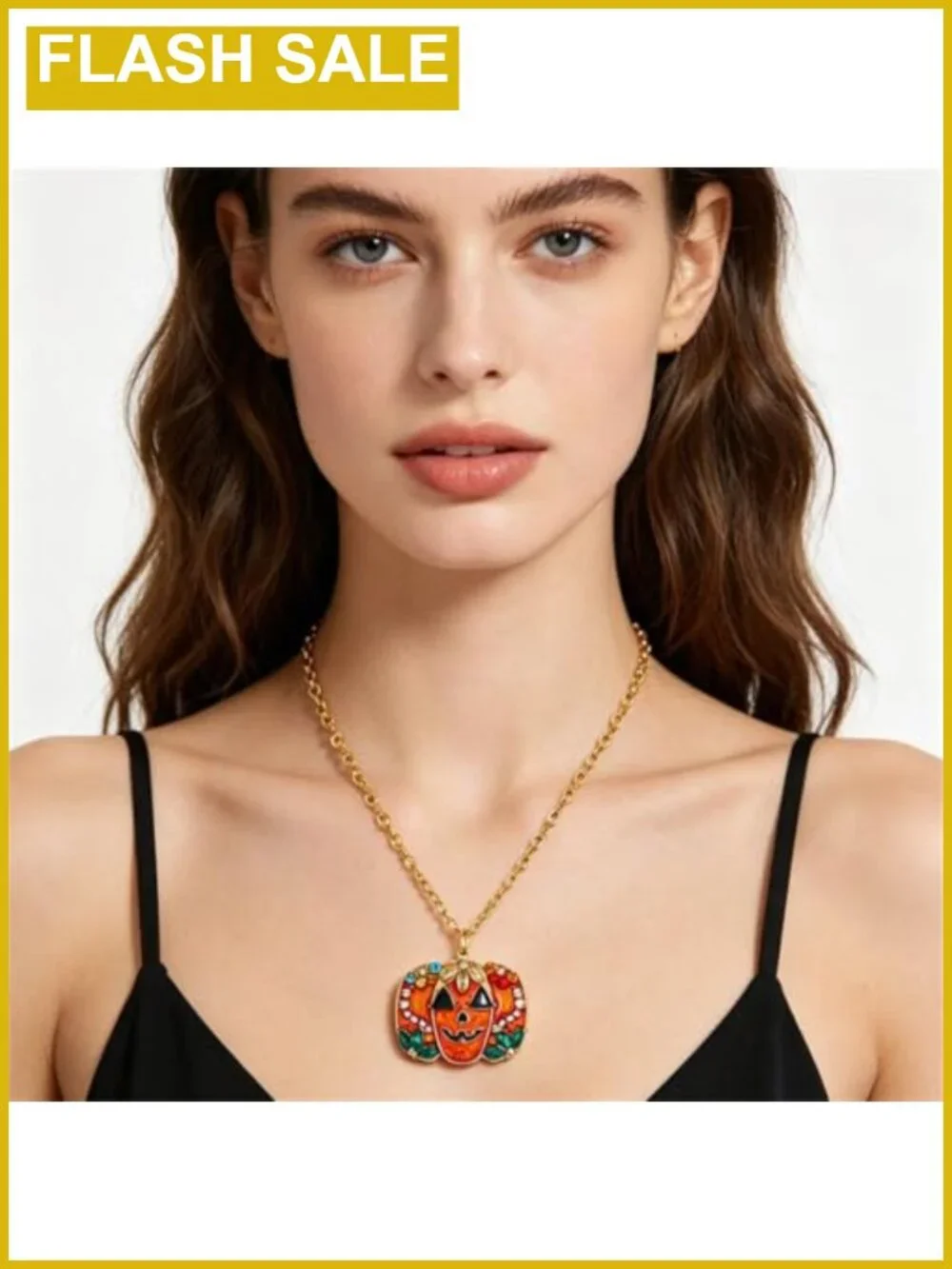 Rhinestone Pumpkin Pendant Necklace Gold-Tone Link Chain Halloween Thanksgiving